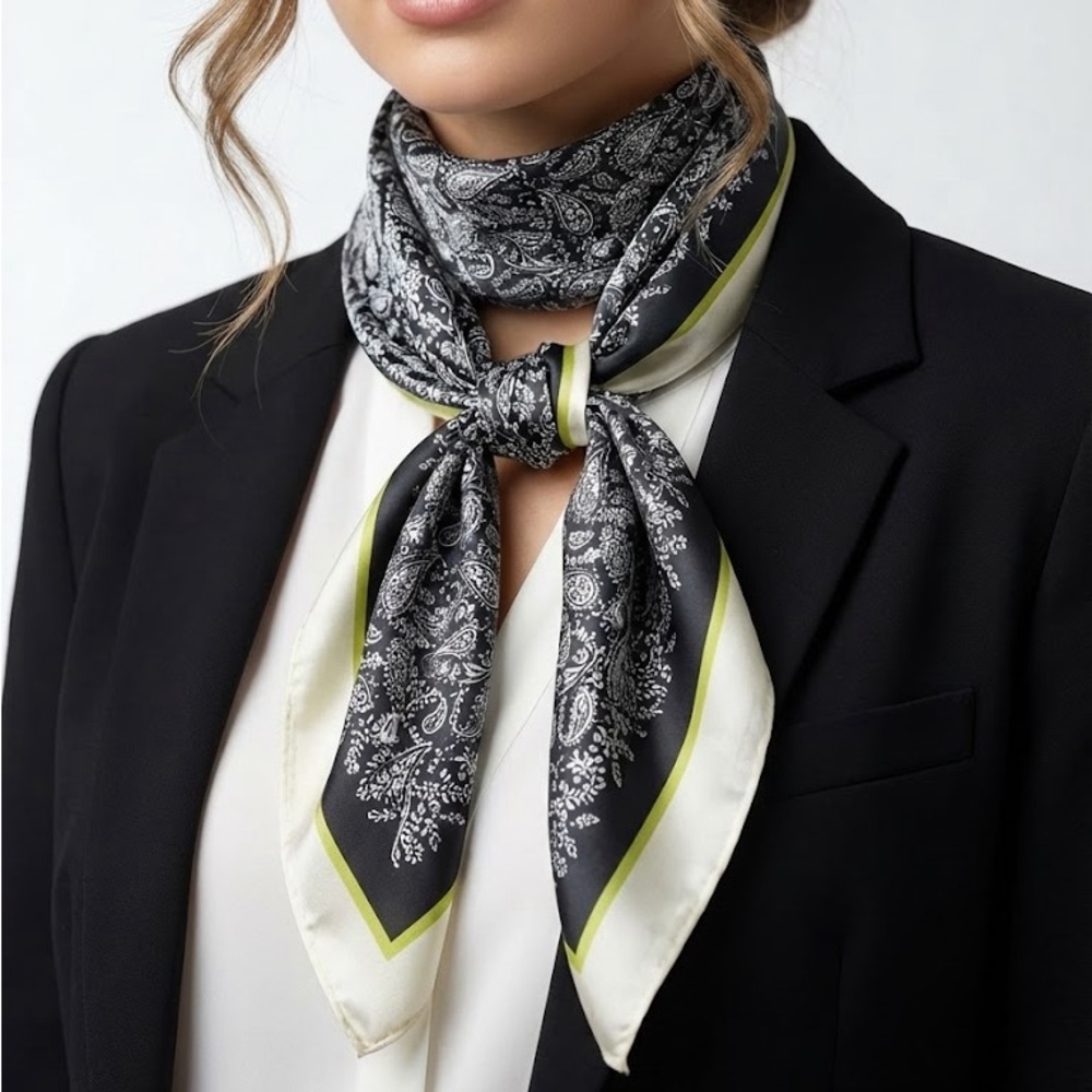 Elan Black and White Paisley Scarf with Green Trim
